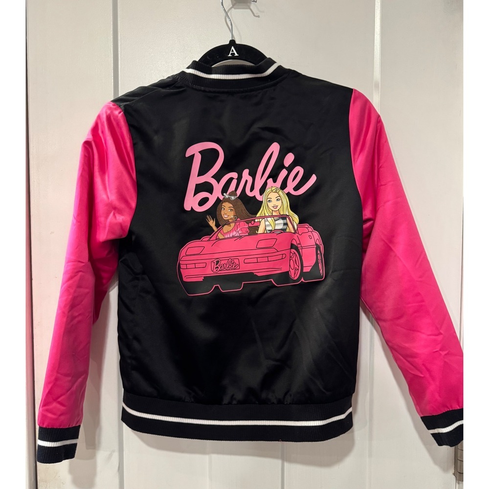 Kids Barbie Limited Edition Bomber Jacket Pink Black Satin Graphic Print